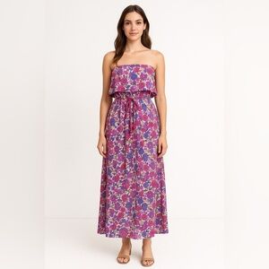 Japna Floral Strapless Maxi Dress M Ruffle Top Tie Waist Pink Purple Boho Beach